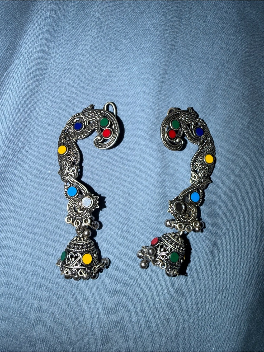 Oxidized Silver Multi-Color Enamel Jhumka Ear Cuffs